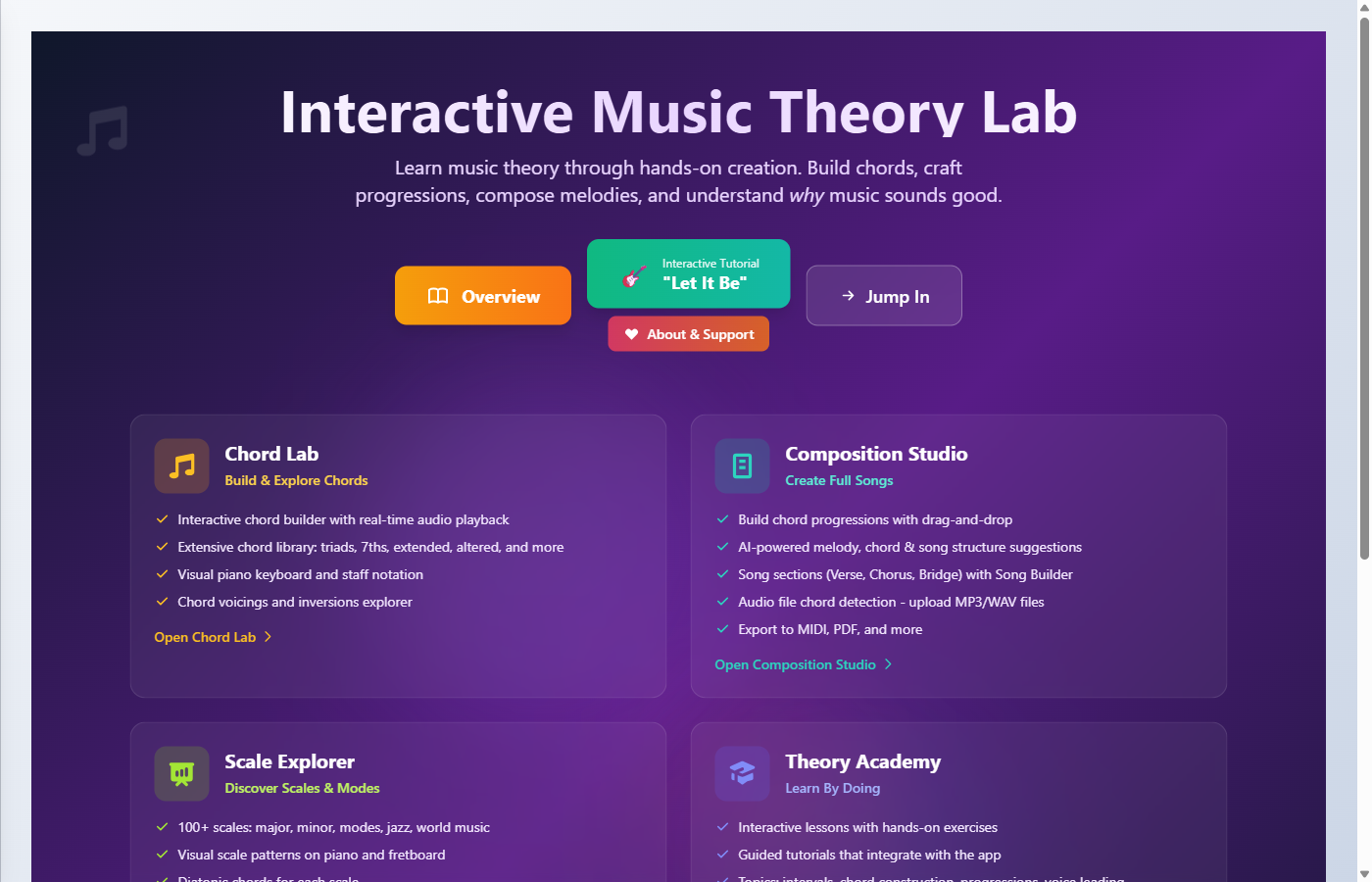 Interactive Music Theory Lab - App Overview showing the main landing page with four feature cards