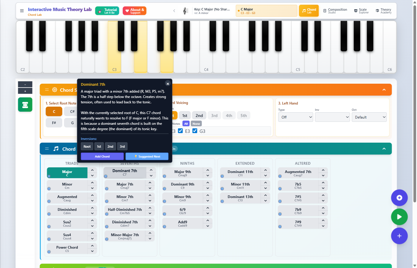 Chord Lab interface showing root note selection, chord library, and piano keyboard