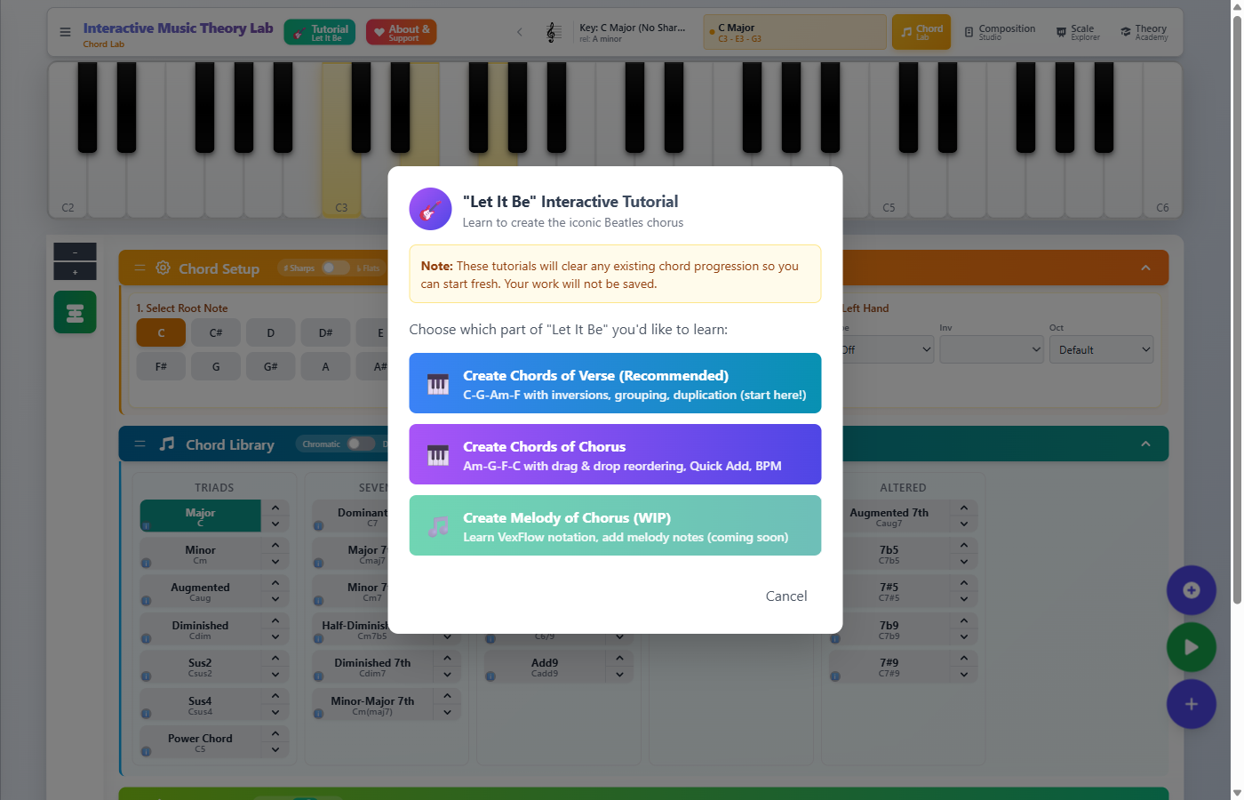 Let It Be tutorial selection showing verse and chorus options