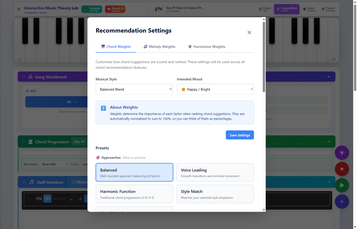 Recommendation Weights modal showing style, mood, presets, and custom weight sliders