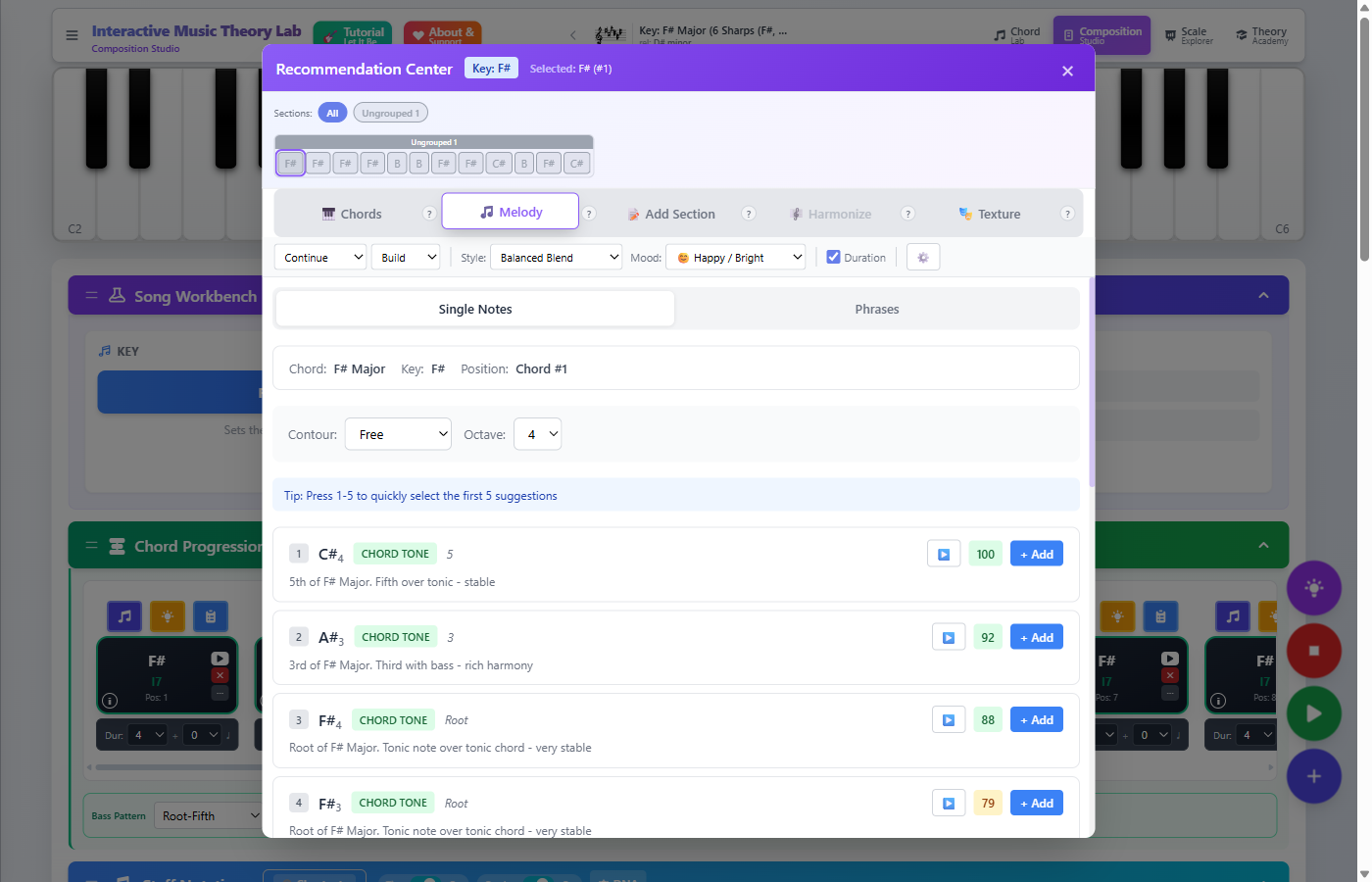 Melody suggestions showing note recommendations with chord tone labels