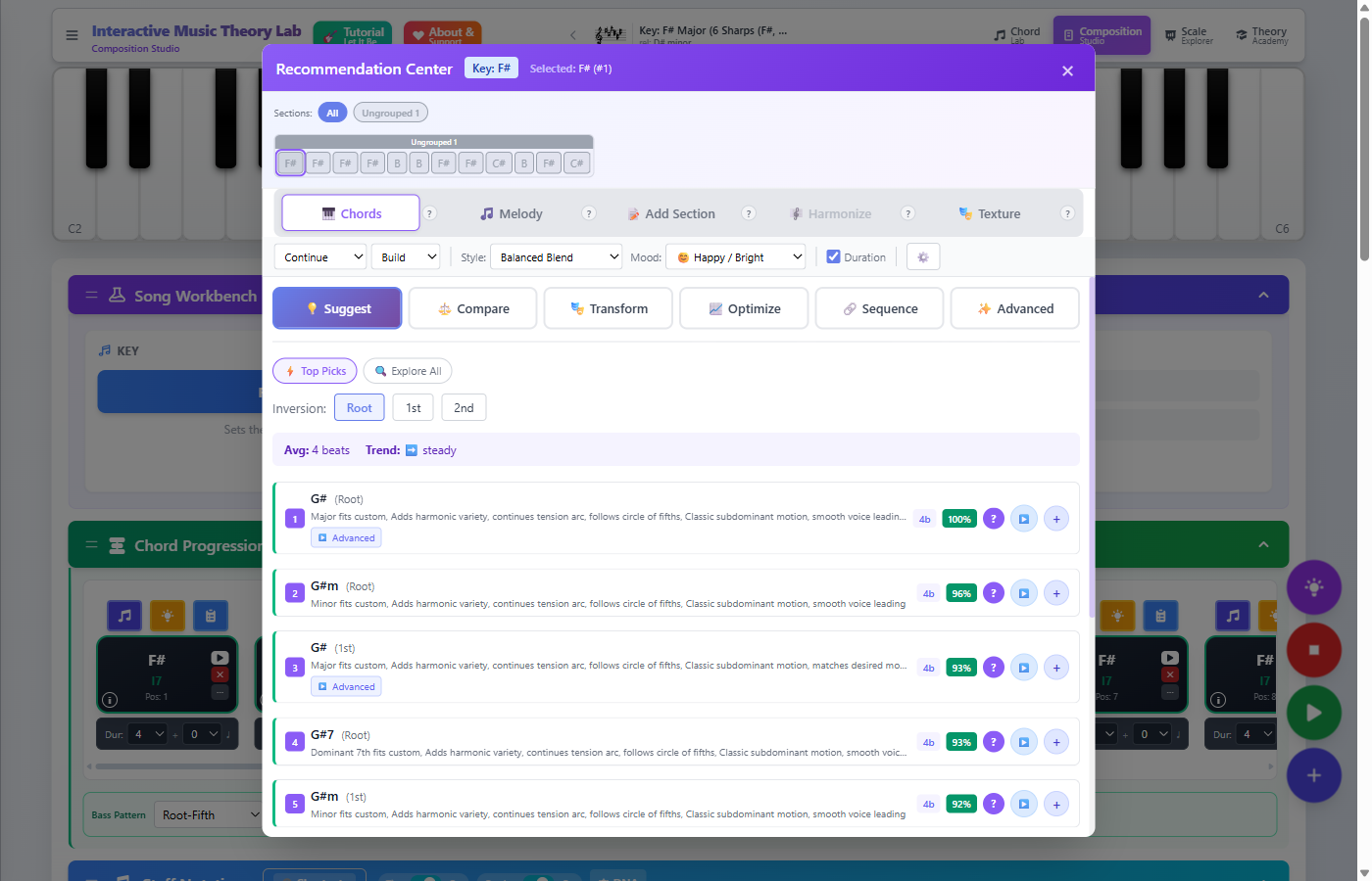 Recommendations modal showing chord suggestions with scores and explanations