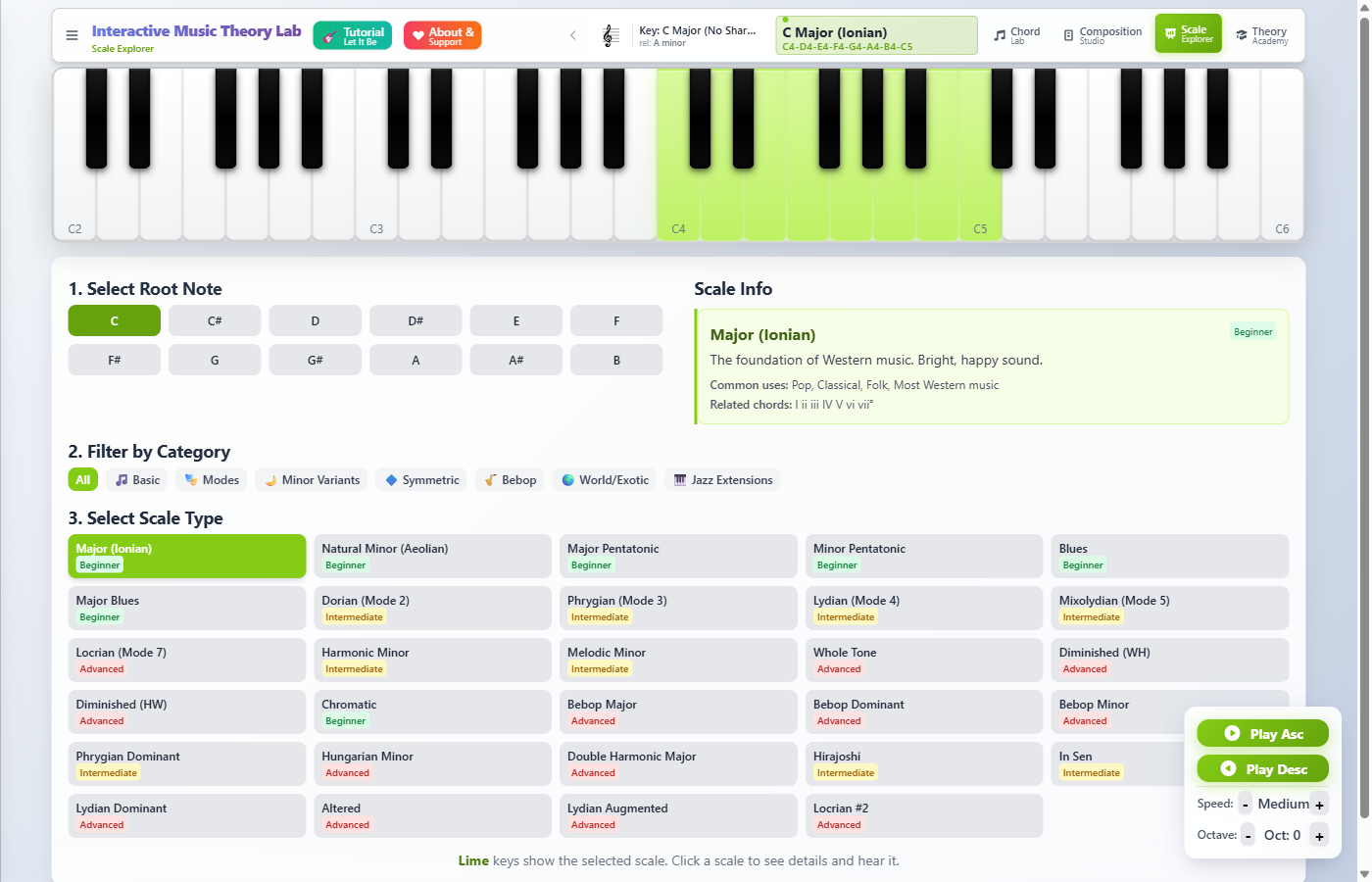 Scale Explorer showing root note selection, scale categories, and scale list